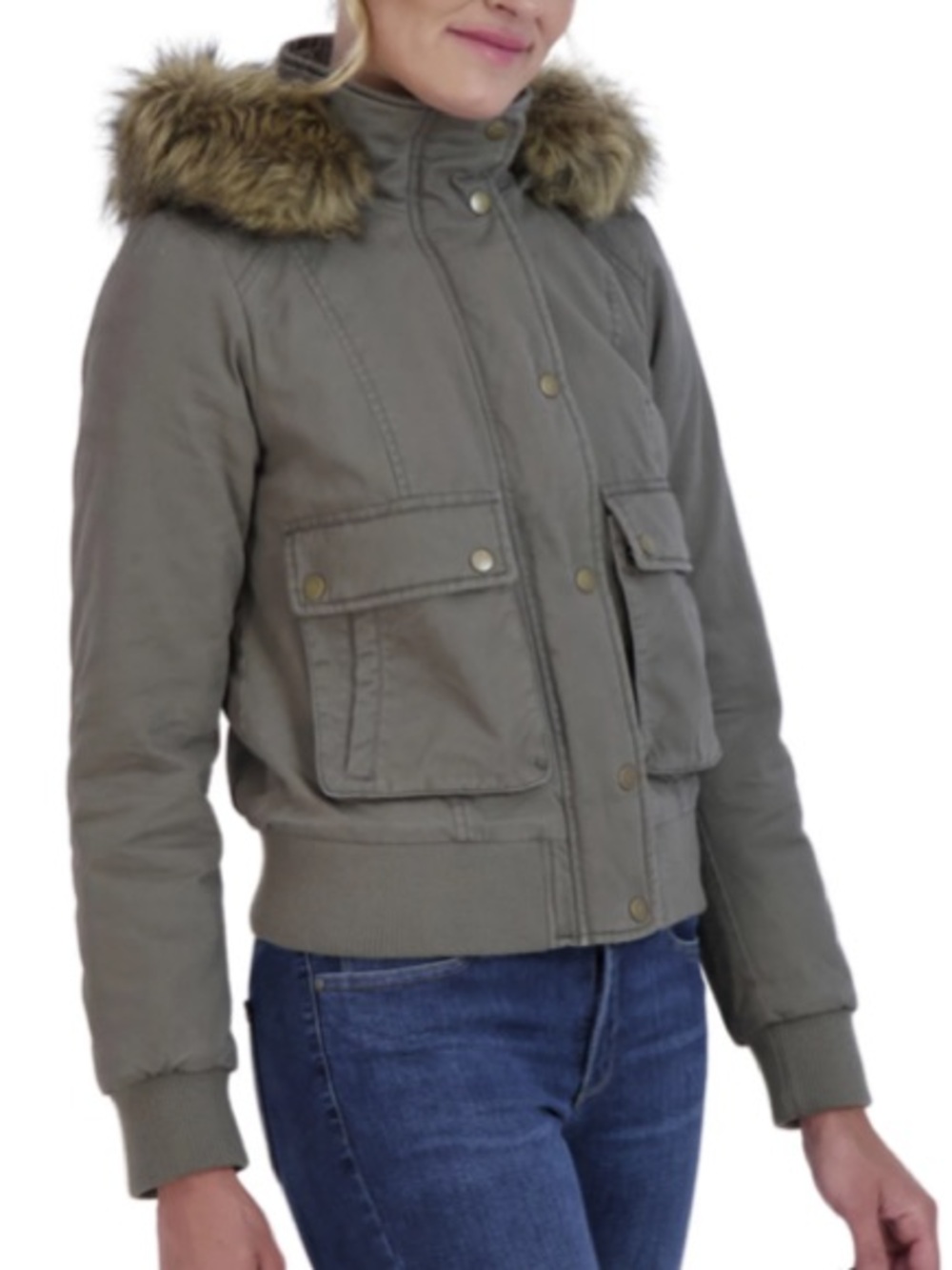 Juniors’ Sebby Faux-Fur Hood Bomber Jacket Olive Green Parka Sherpa Lined Coat